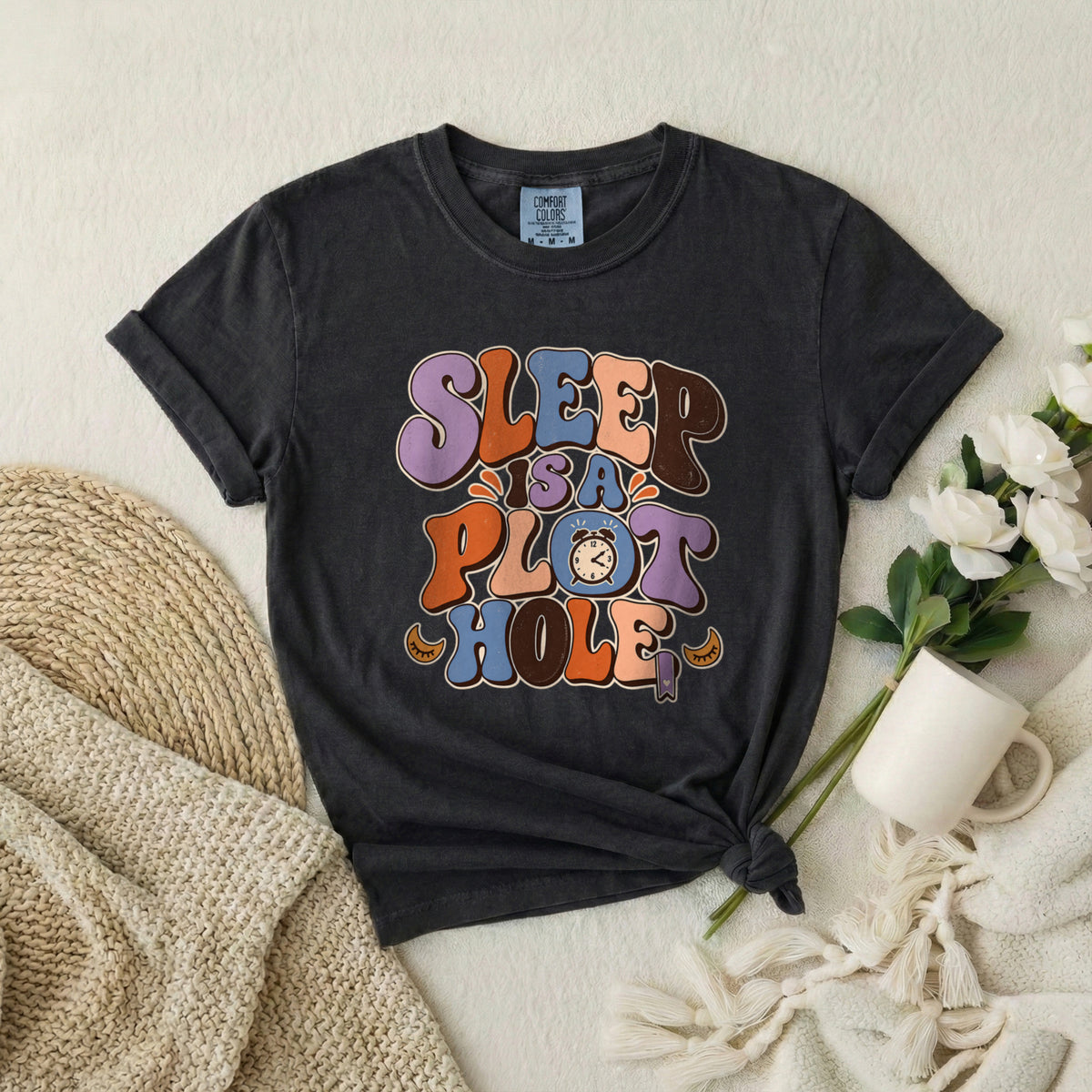 Sleep Is a Plot Hole T-Shirt — Retro Groovy Typography Tee