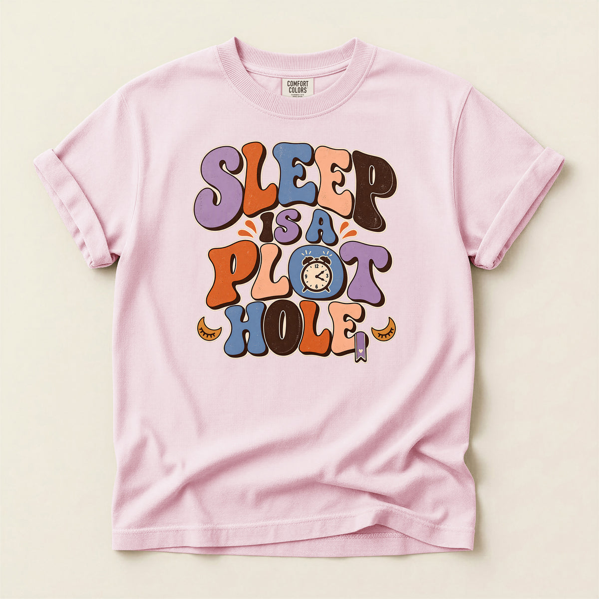 Sleep Is a Plot Hole T-Shirt — Retro Groovy Typography Tee