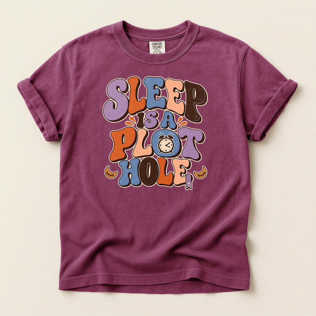 Sleep Is a Plot Hole T-Shirt — Retro Groovy Typography Tee