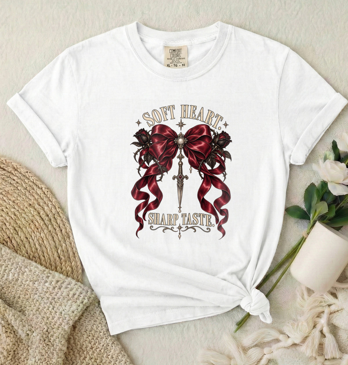 Soft Heart Sharp Taste Tee — Gothic Ribbon & Dagger Graphic T-Shirt