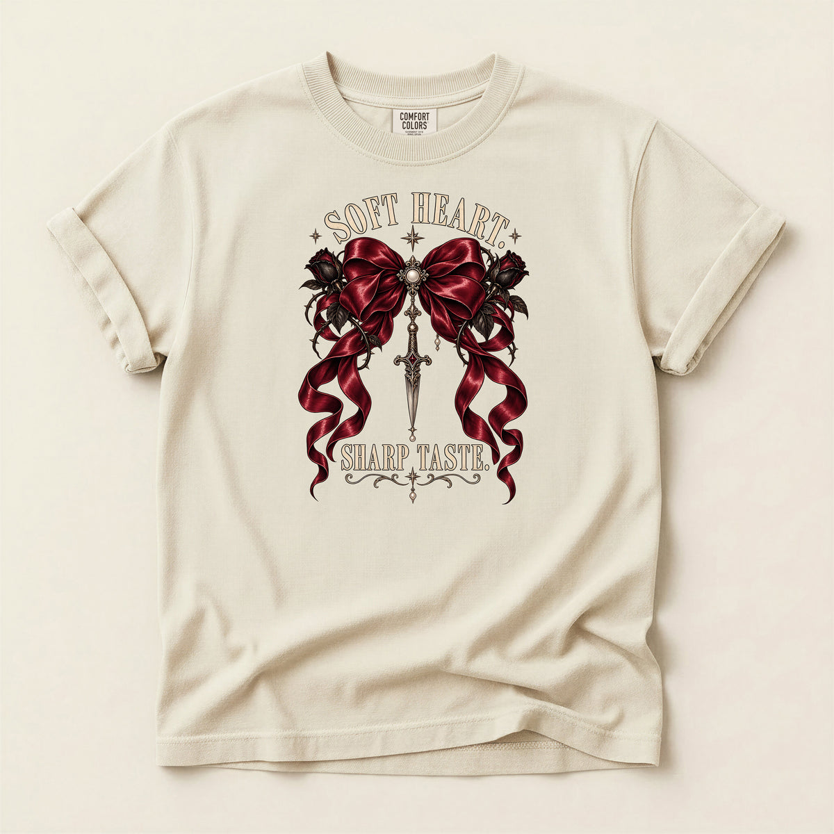 Soft Heart Sharp Taste Tee — Gothic Ribbon & Dagger Graphic T-Shirt