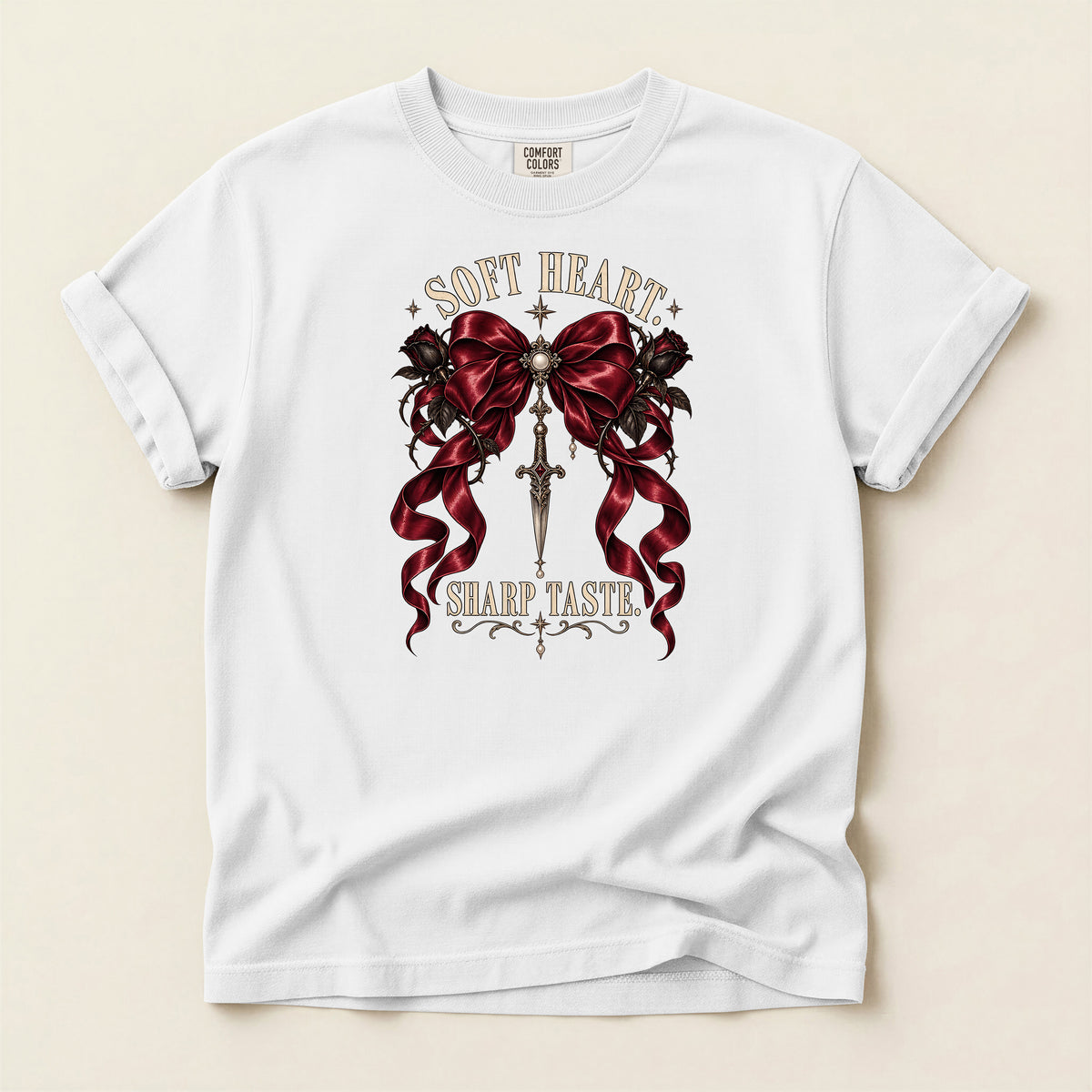 Soft Heart Sharp Taste Tee — Gothic Ribbon & Dagger Graphic T-Shirt