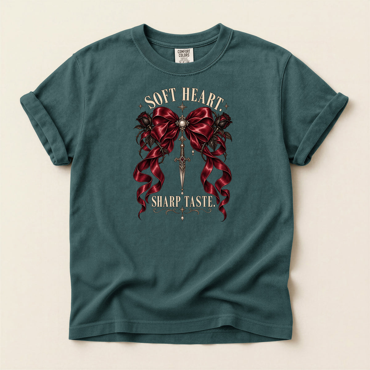 Soft Heart Sharp Taste Tee — Gothic Ribbon & Dagger Graphic T-Shirt