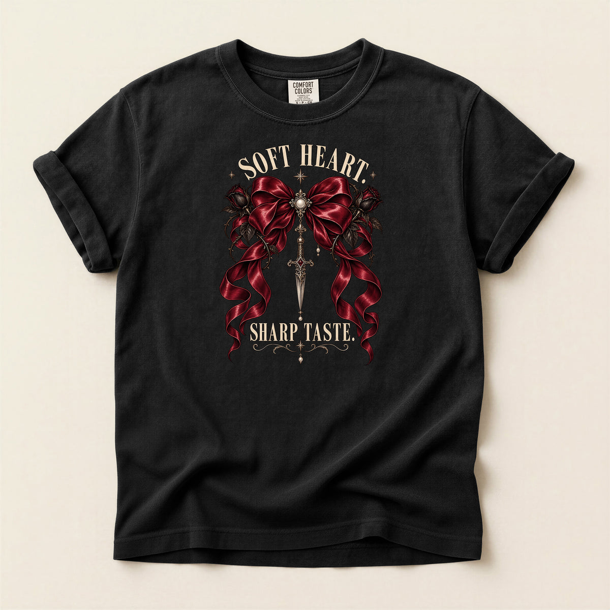 Soft Heart Sharp Taste Tee — Gothic Ribbon & Dagger Graphic T-Shirt