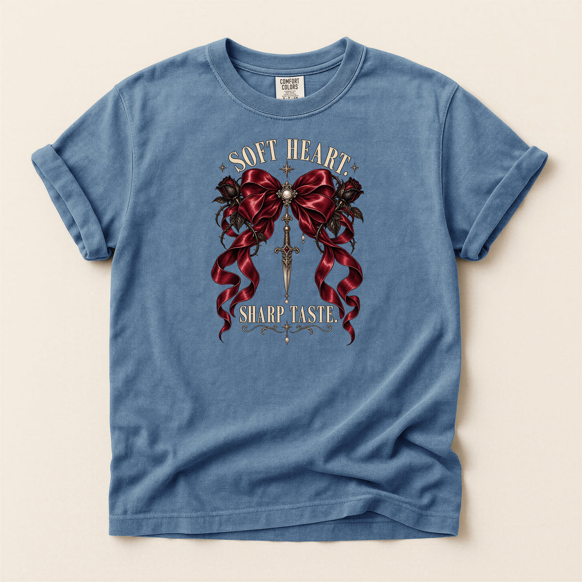 Soft Heart Sharp Taste Tee — Gothic Ribbon & Dagger Graphic T-Shirt