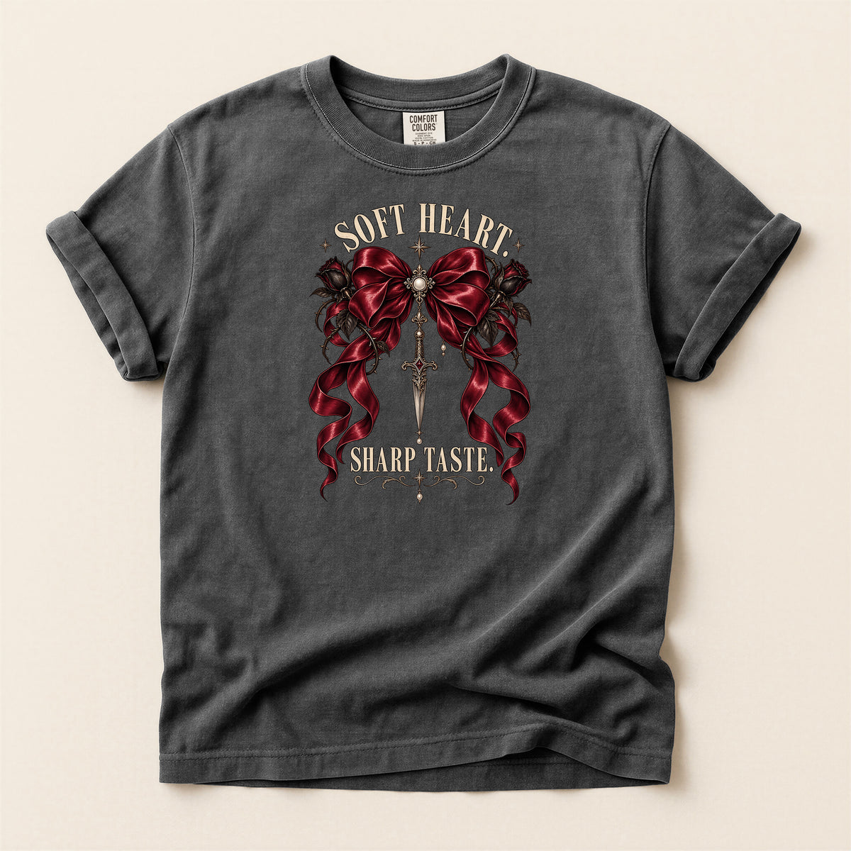 Soft Heart Sharp Taste Tee — Gothic Ribbon & Dagger Graphic T-Shirt