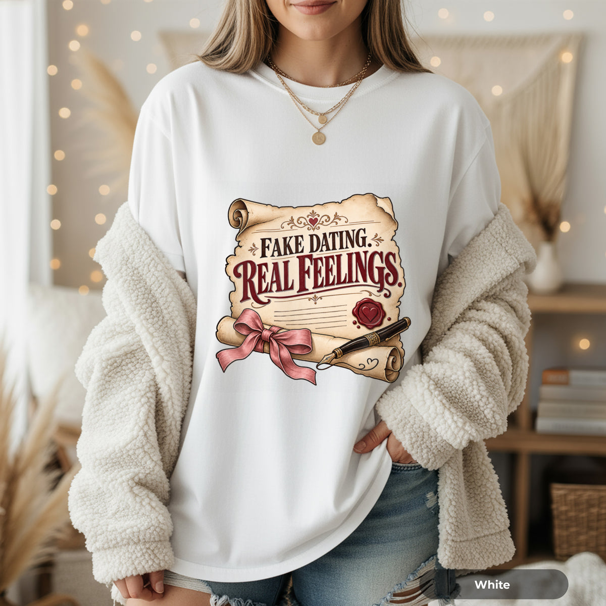T-Shirt — "Fake Dating, Real Feelings" Vintage Scroll Romance Graphic