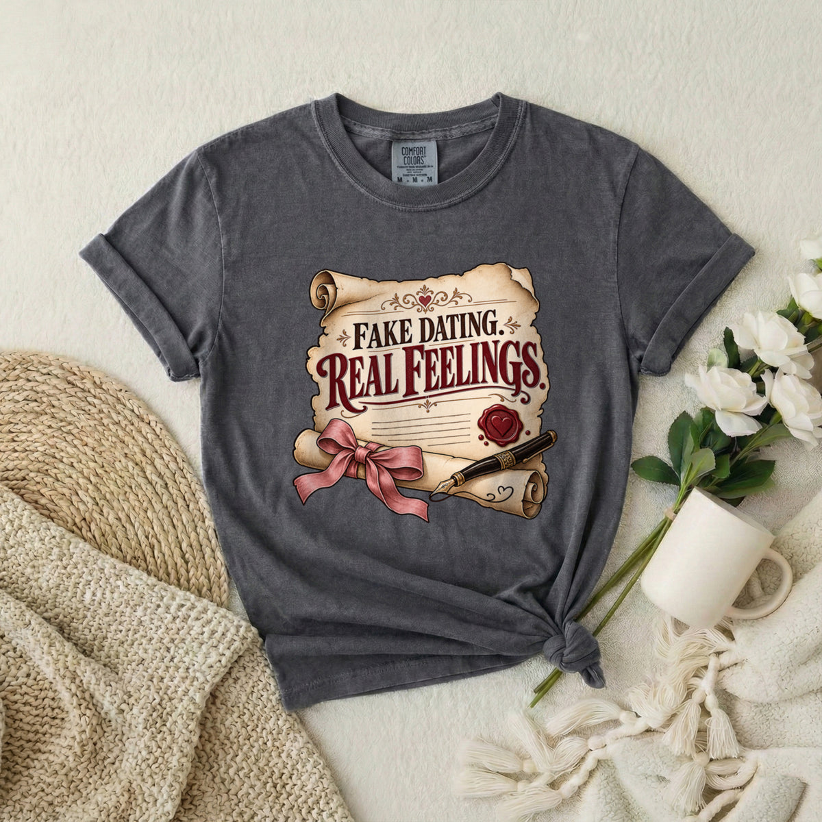 T-Shirt — "Fake Dating, Real Feelings" Vintage Scroll Romance Graphic