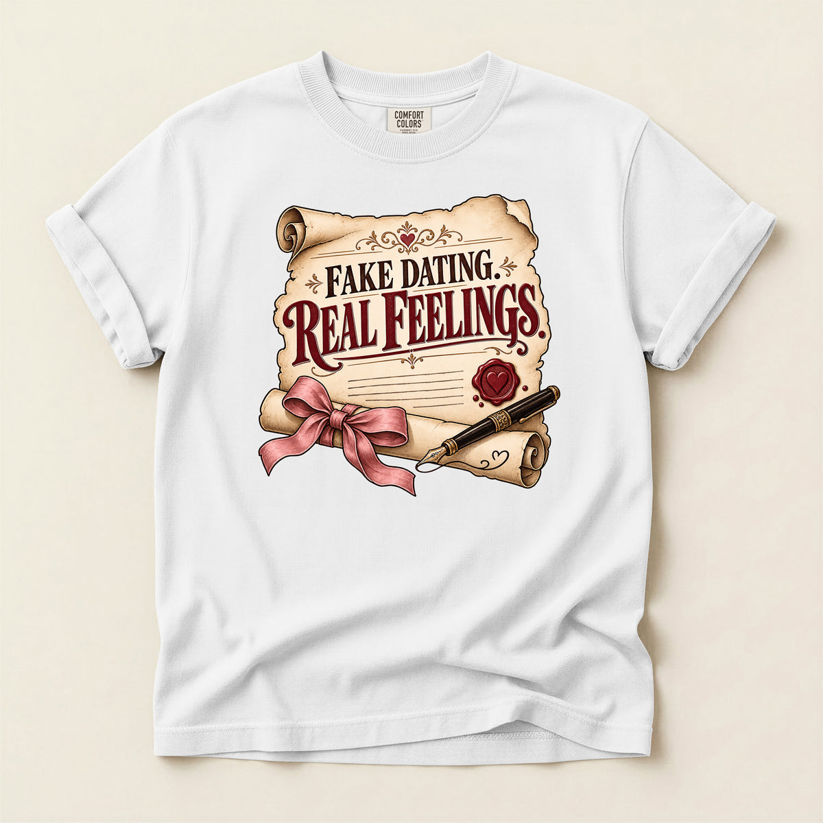 T-Shirt — "Fake Dating, Real Feelings" Vintage Scroll Romance Graphic