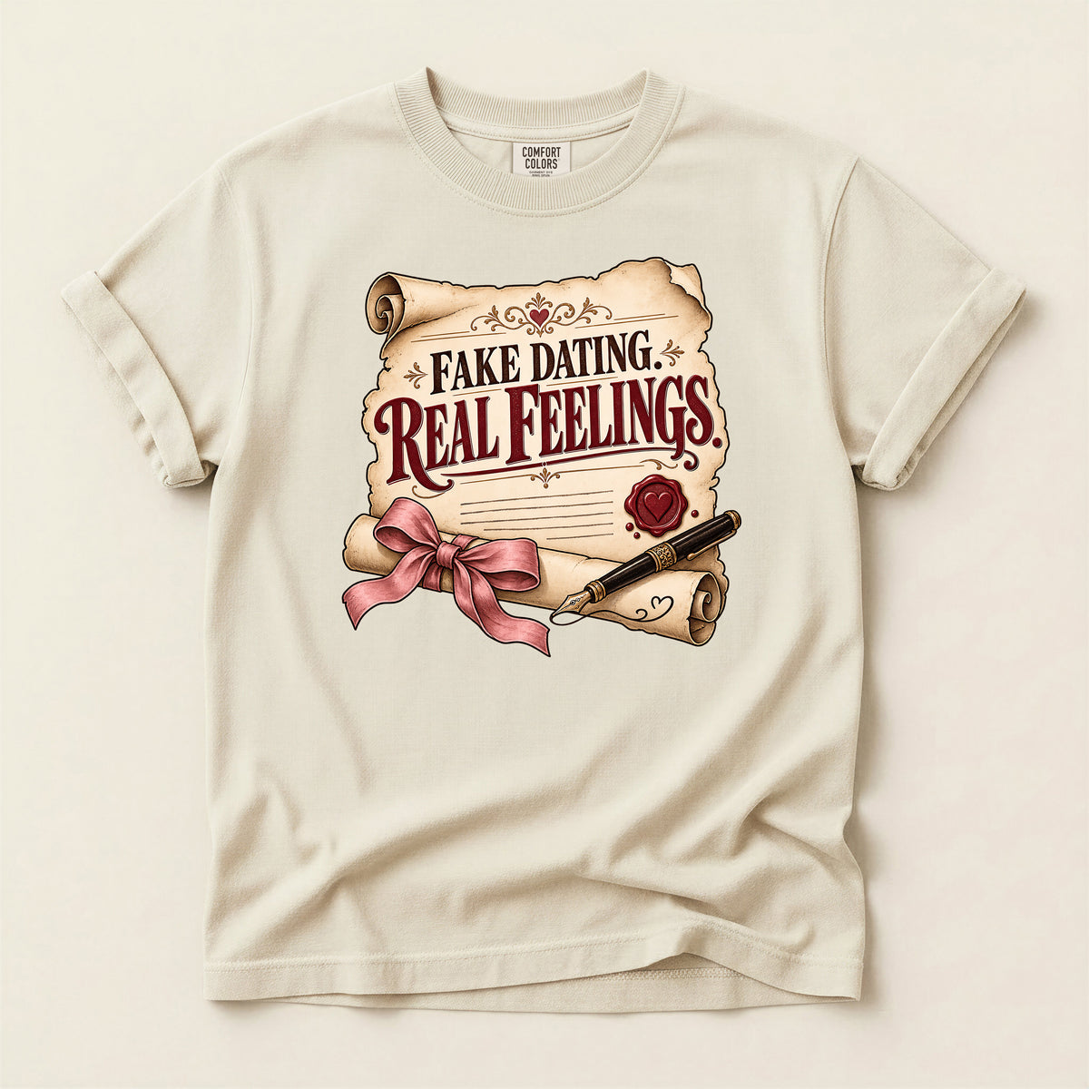 T-Shirt — "Fake Dating, Real Feelings" Vintage Scroll Romance Graphic