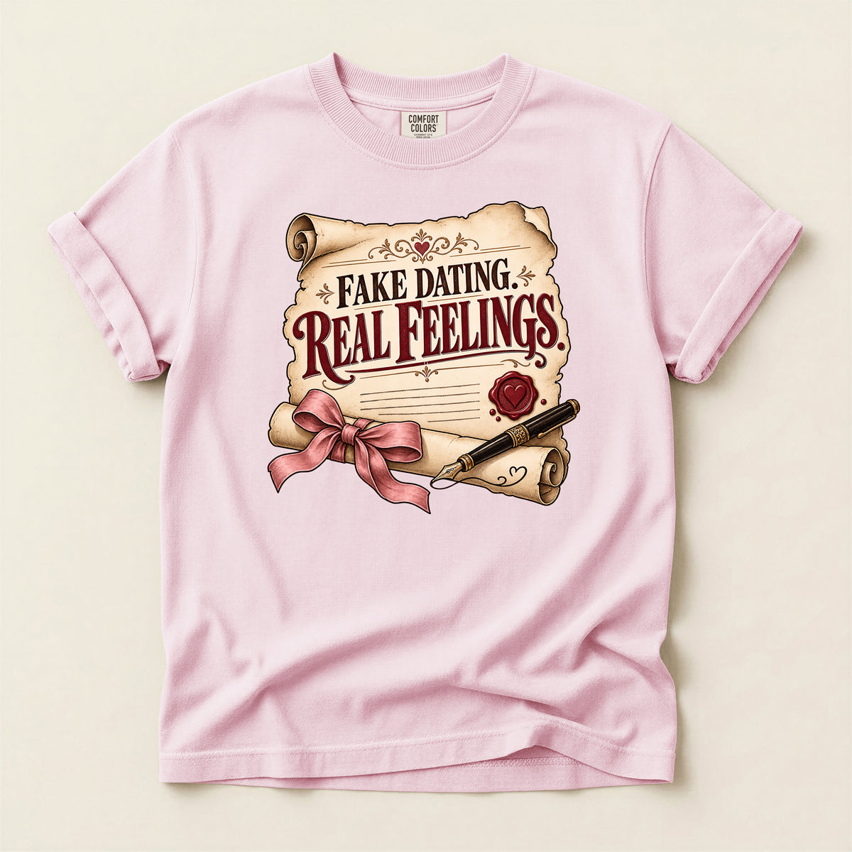 T-Shirt — "Fake Dating, Real Feelings" Vintage Scroll Romance Graphic