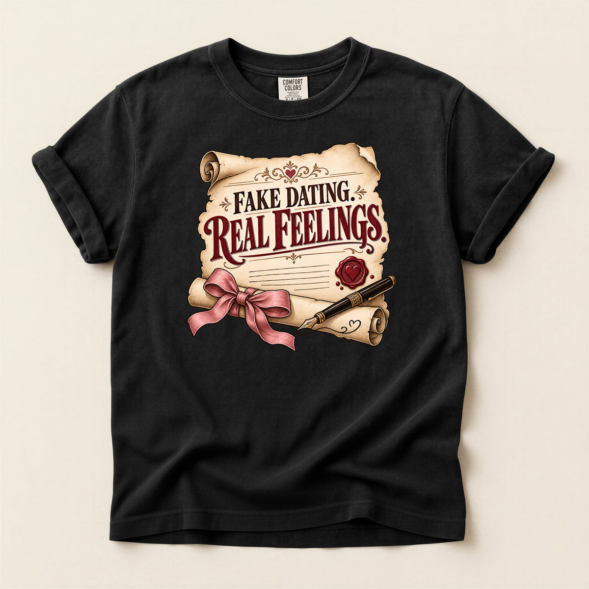 T-Shirt — "Fake Dating, Real Feelings" Vintage Scroll Romance Graphic