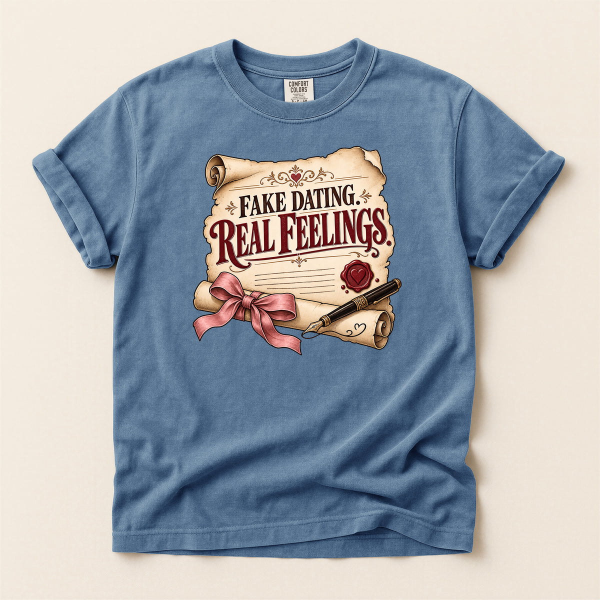 T-Shirt — "Fake Dating, Real Feelings" Vintage Scroll Romance Graphic
