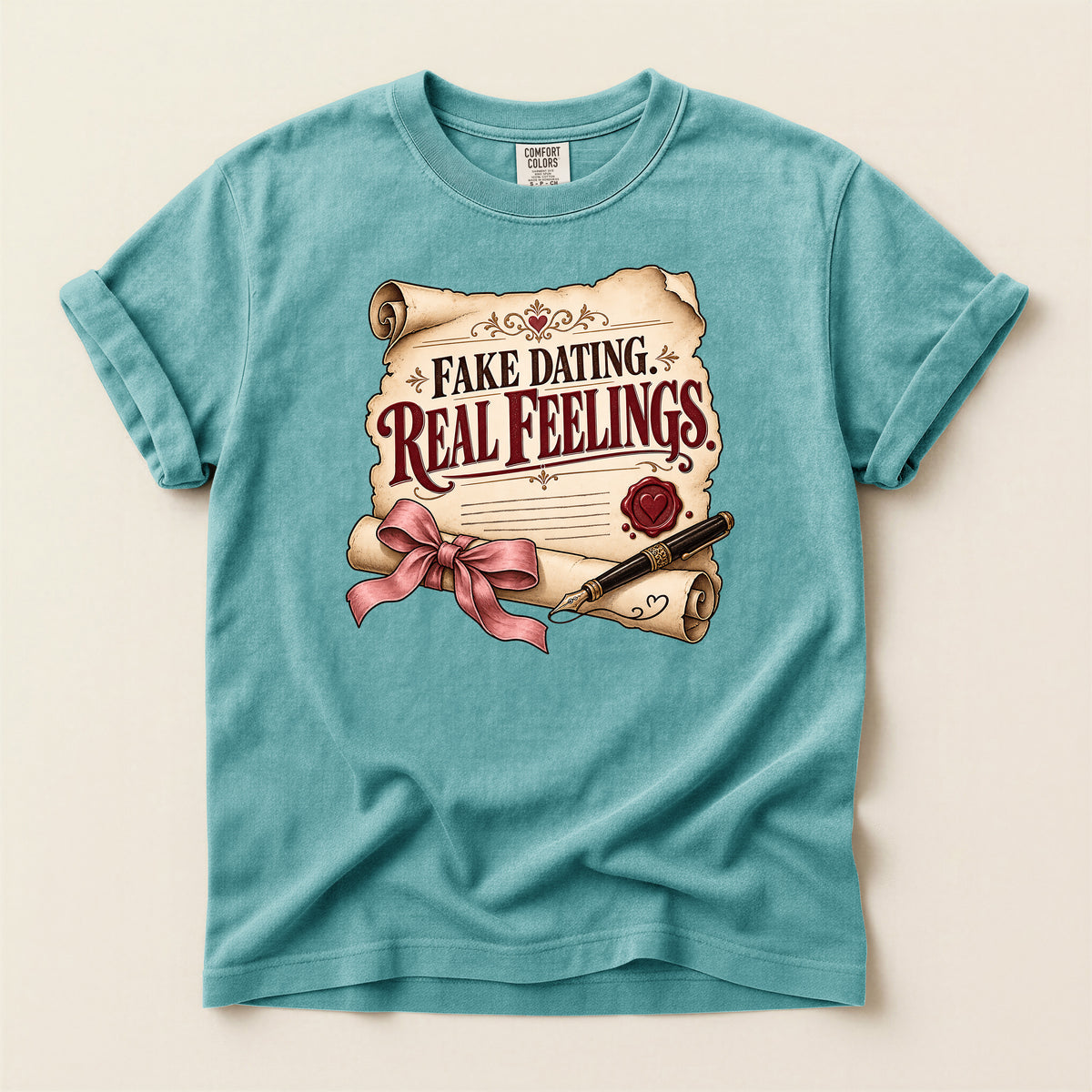 T-Shirt — "Fake Dating, Real Feelings" Vintage Scroll Romance Graphic