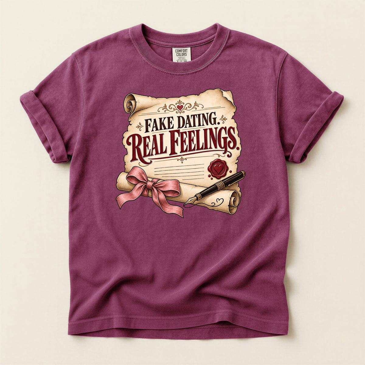 T-Shirt — "Fake Dating, Real Feelings" Vintage Scroll Romance Graphic