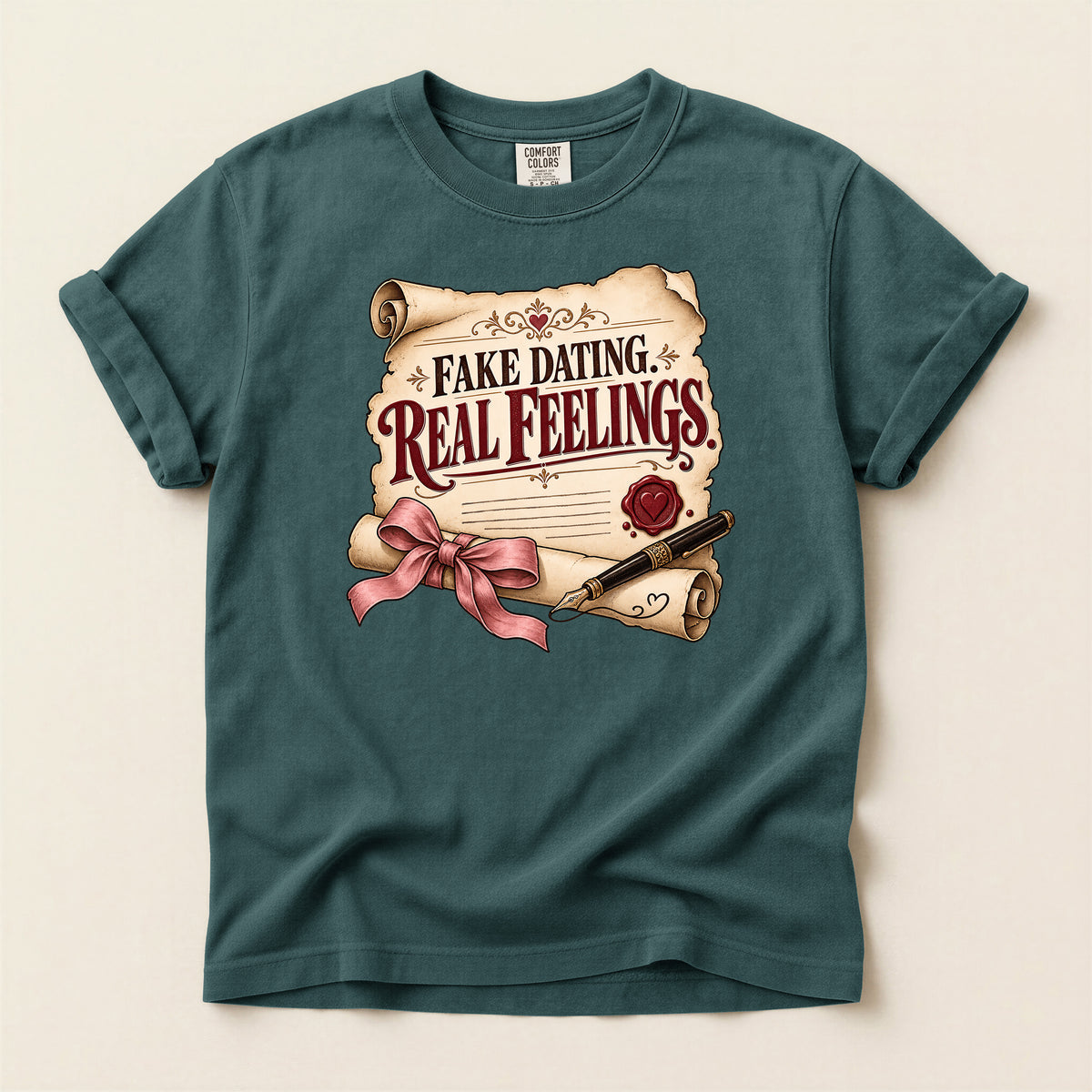 T-Shirt — "Fake Dating, Real Feelings" Vintage Scroll Romance Graphic