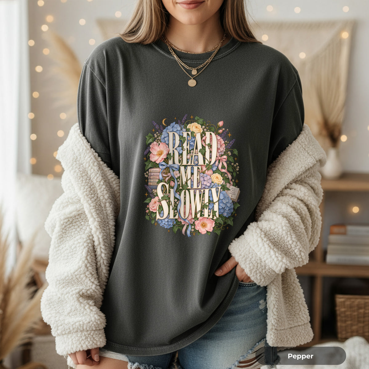 Read Me Slowly Floral T-Shirt — Vintage Book Lover Tee