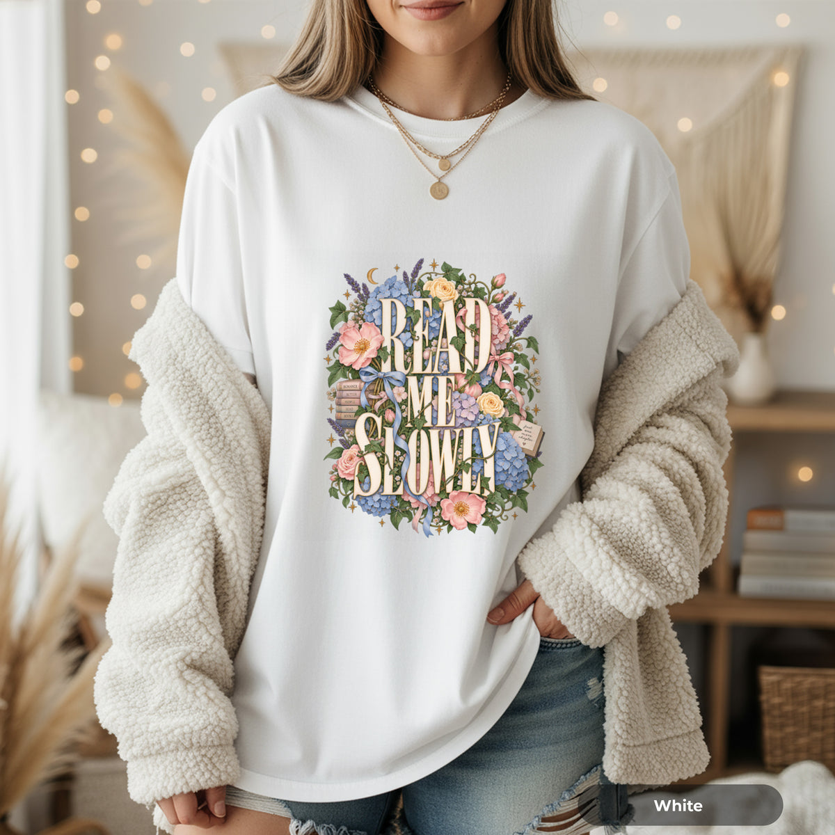Read Me Slowly Floral T-Shirt — Vintage Book Lover Tee