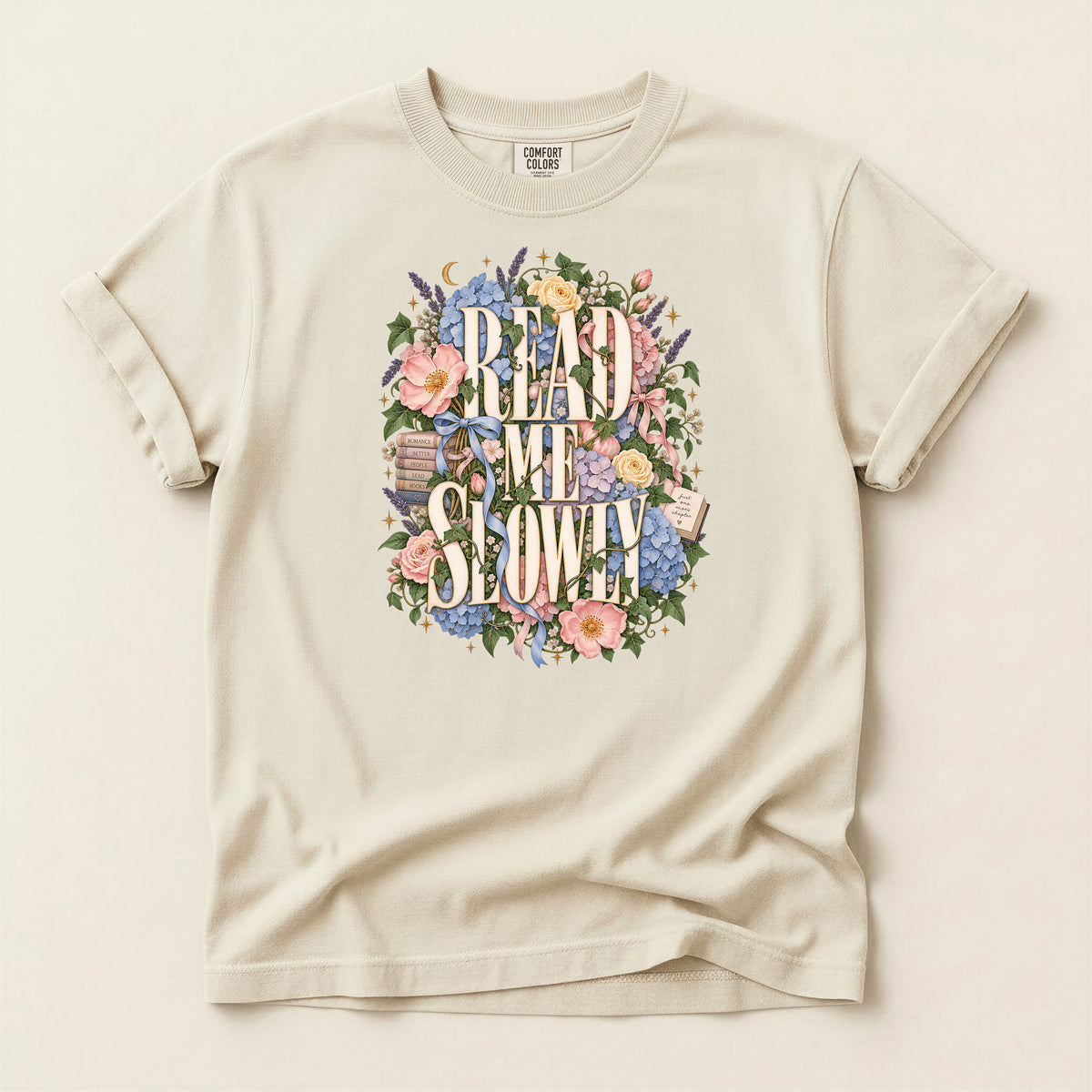 Read Me Slowly Floral T-Shirt — Vintage Book Lover Tee