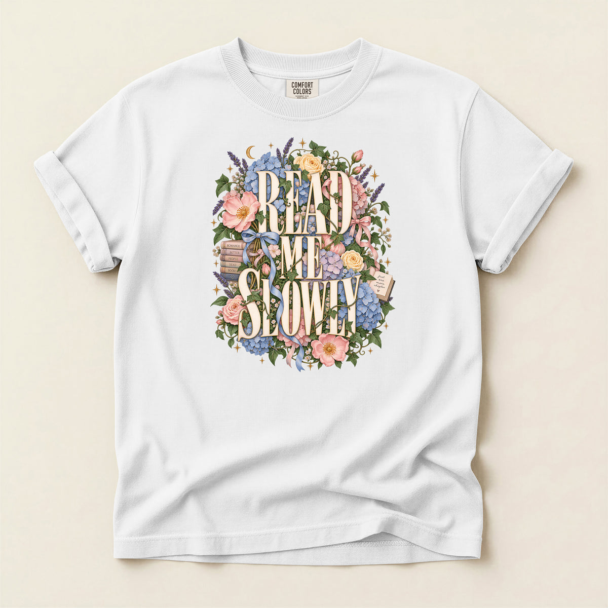 Read Me Slowly Floral T-Shirt — Vintage Book Lover Tee