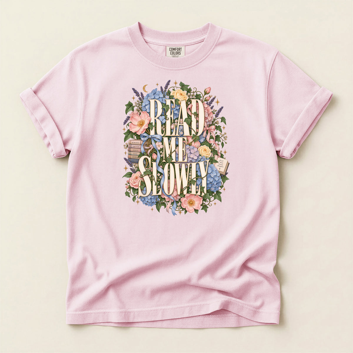 Read Me Slowly Floral T-Shirt — Vintage Book Lover Tee