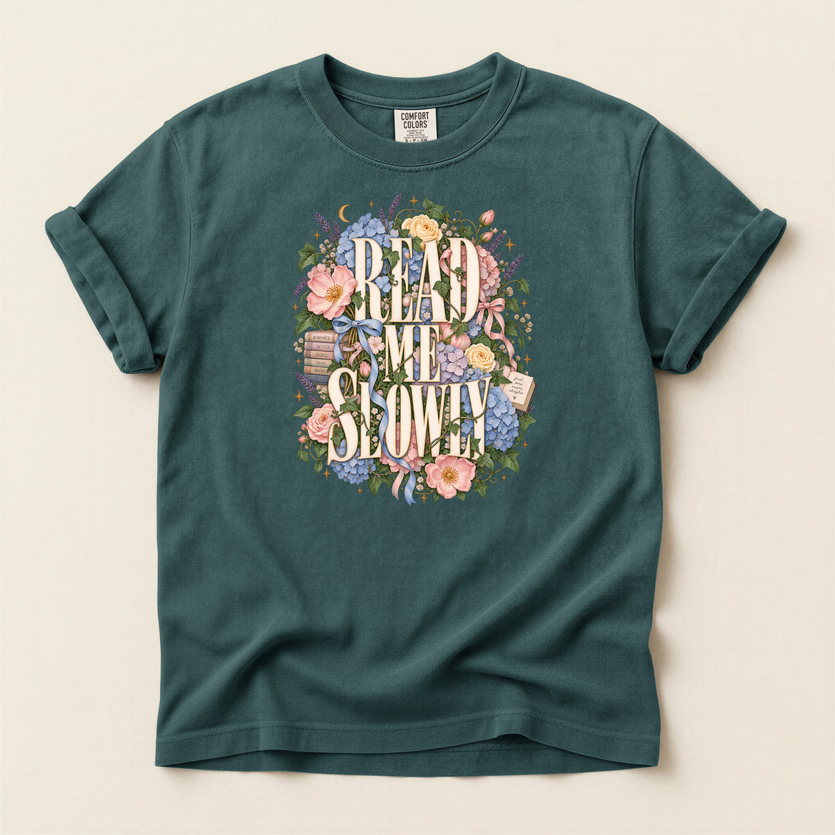 Read Me Slowly Floral T-Shirt — Vintage Book Lover Tee
