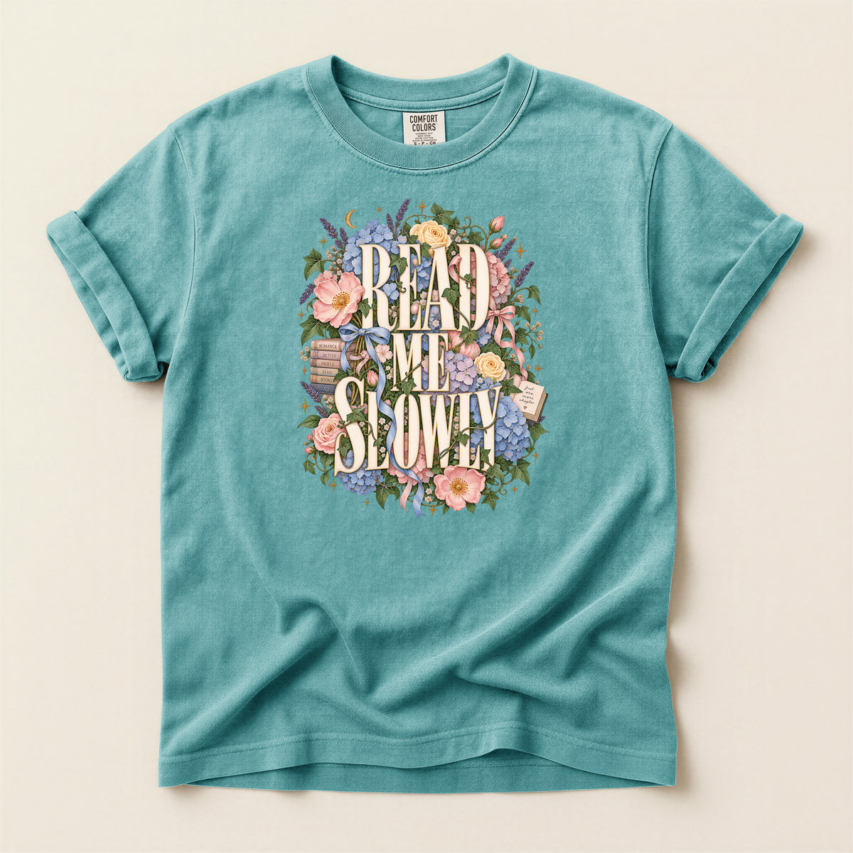 Read Me Slowly Floral T-Shirt — Vintage Book Lover Tee