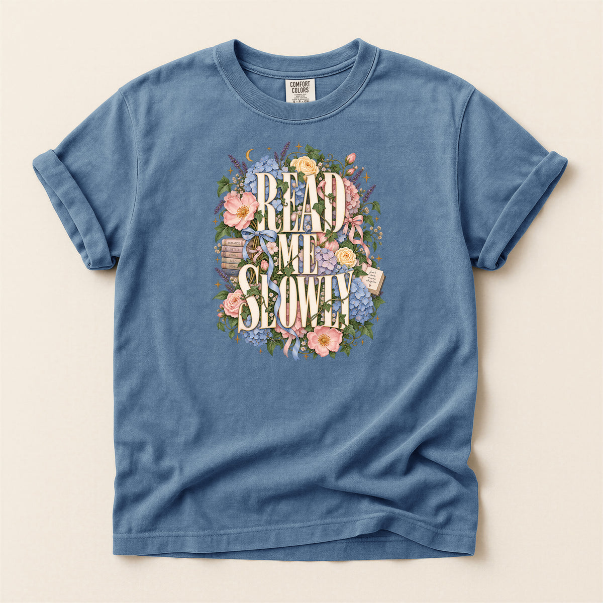 Read Me Slowly Floral T-Shirt — Vintage Book Lover Tee