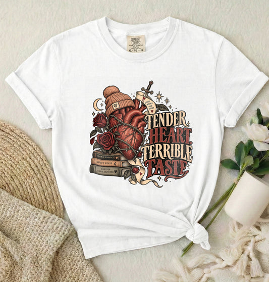 Graphic T-Shirt — “Tender Heart Terrible Taste” Vintage Tattoo Heart Design