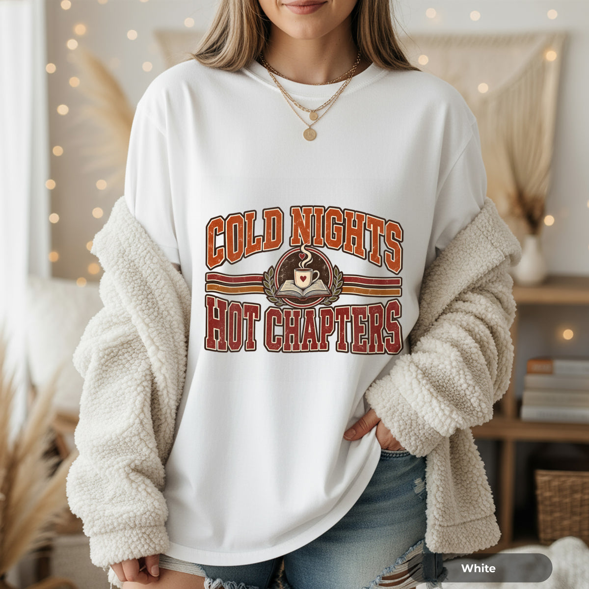 Cold Nights Hot Chapters T-Shirt — Cozy Coffee & Reading Graphic Tee