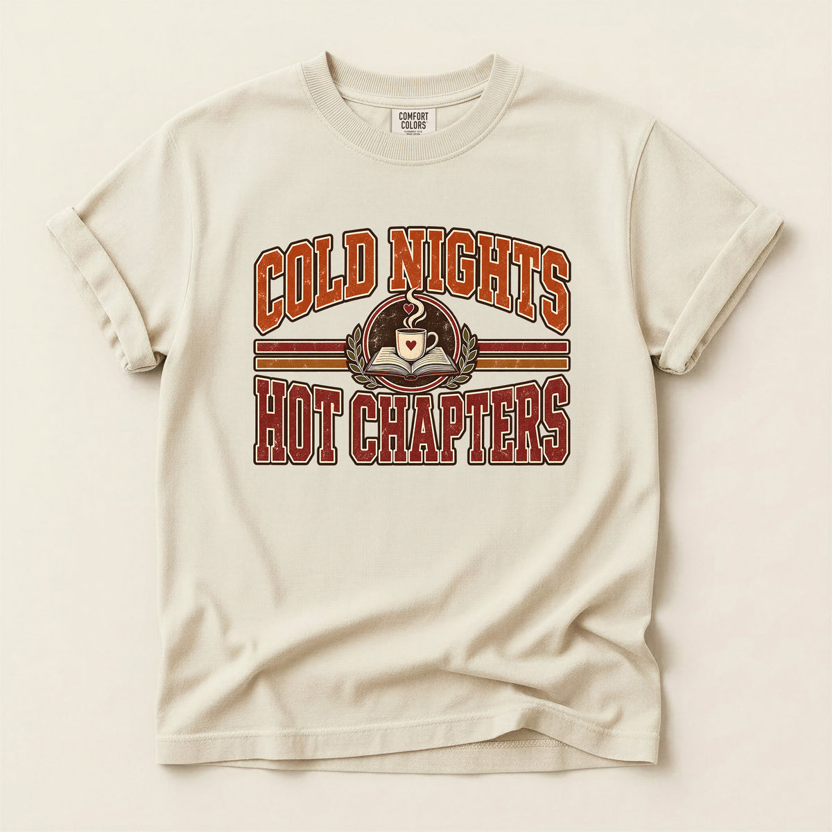 Cold Nights Hot Chapters T-Shirt — Cozy Coffee & Reading Graphic Tee