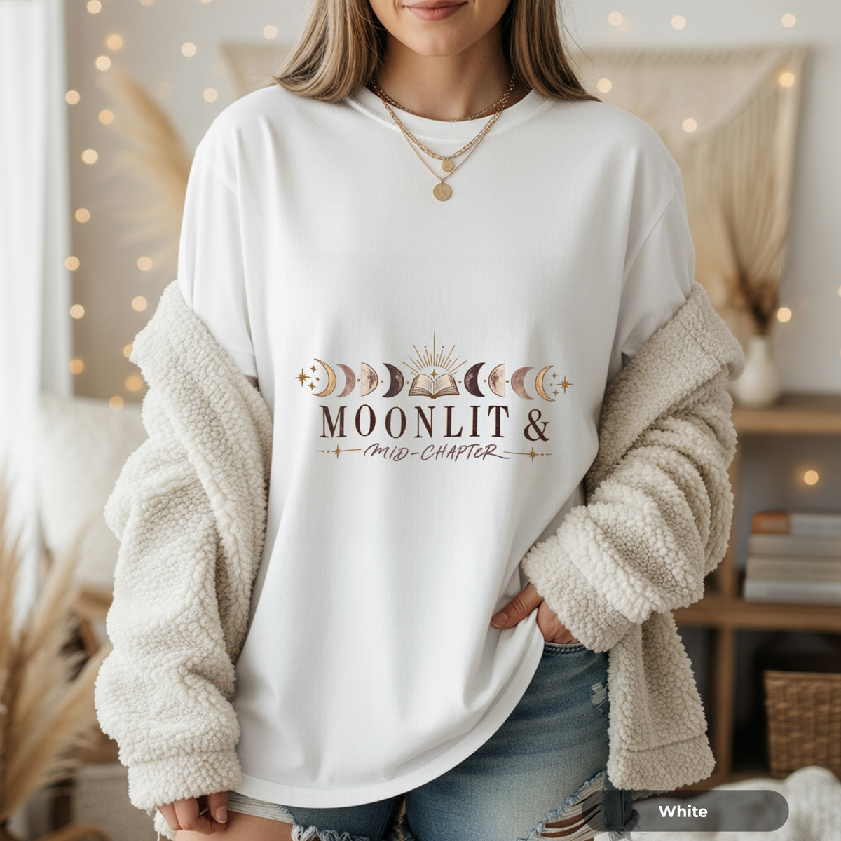 Moon Phases Graphic T-Shirt — "Moonlit & New Chapter" Minimalist Lunar Tee