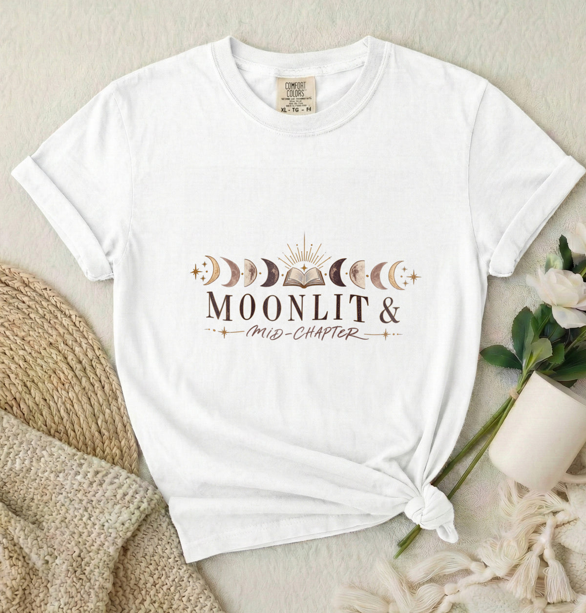 Moon Phases Graphic T-Shirt — "Moonlit & New Chapter" Minimalist Lunar Tee