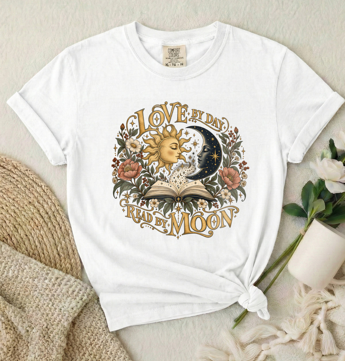 Love By Day Read By Moon T-Shirt — Sun & Moon Floral Graphic Tee