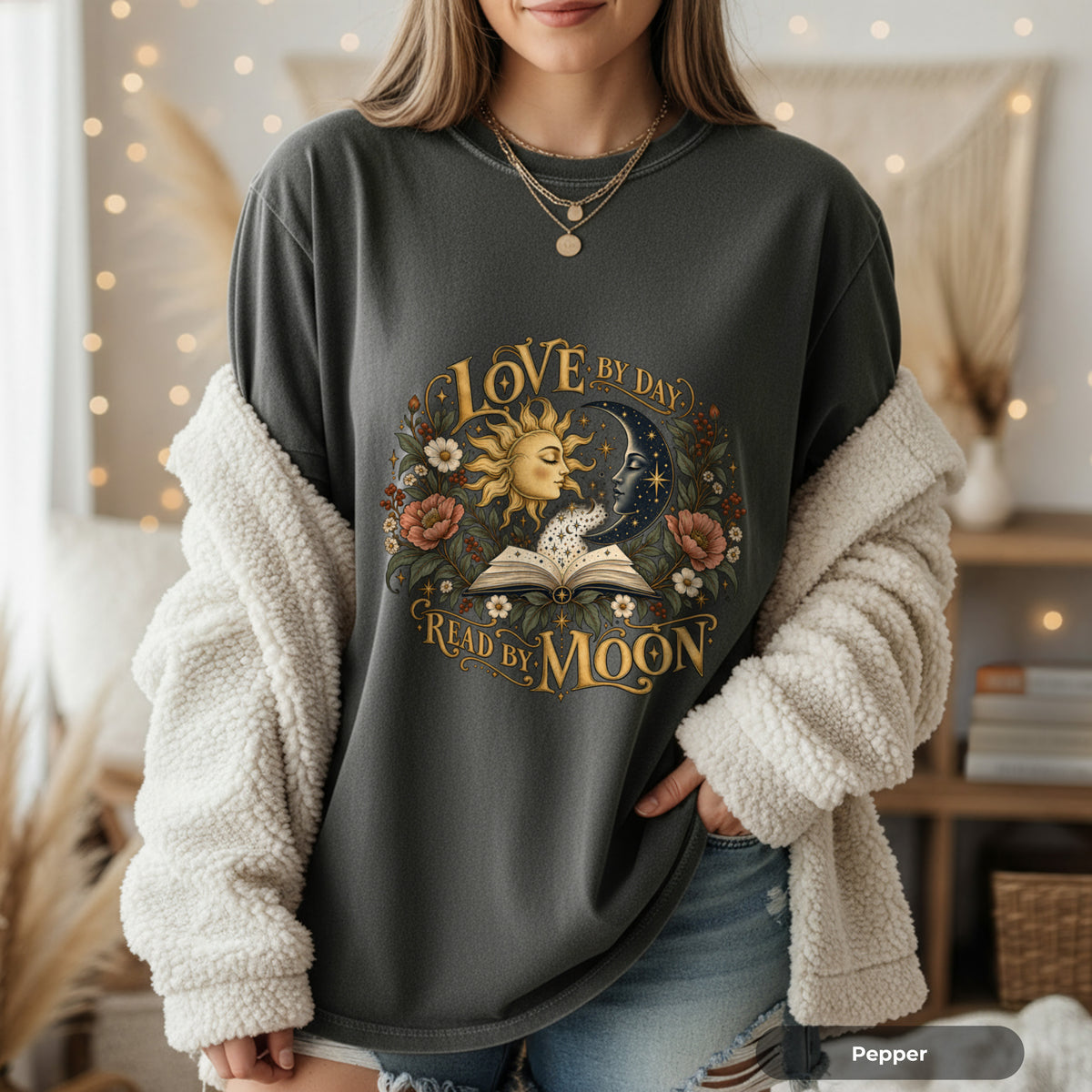 Love By Day Read By Moon T-Shirt — Sun & Moon Floral Graphic Tee