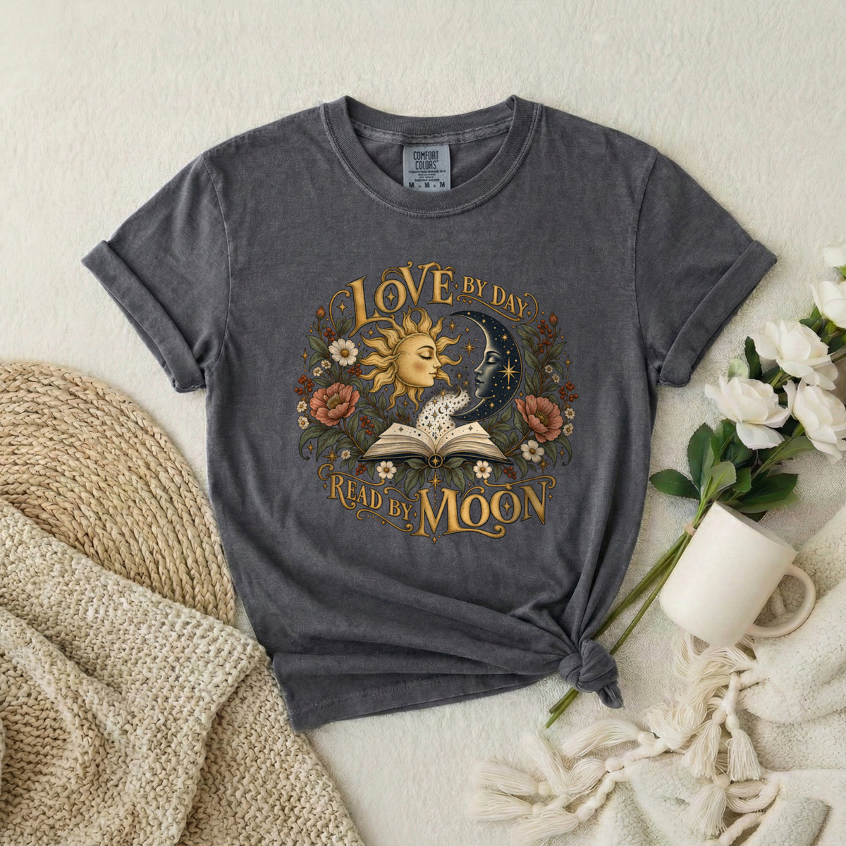 Love By Day Read By Moon T-Shirt — Sun & Moon Floral Graphic Tee