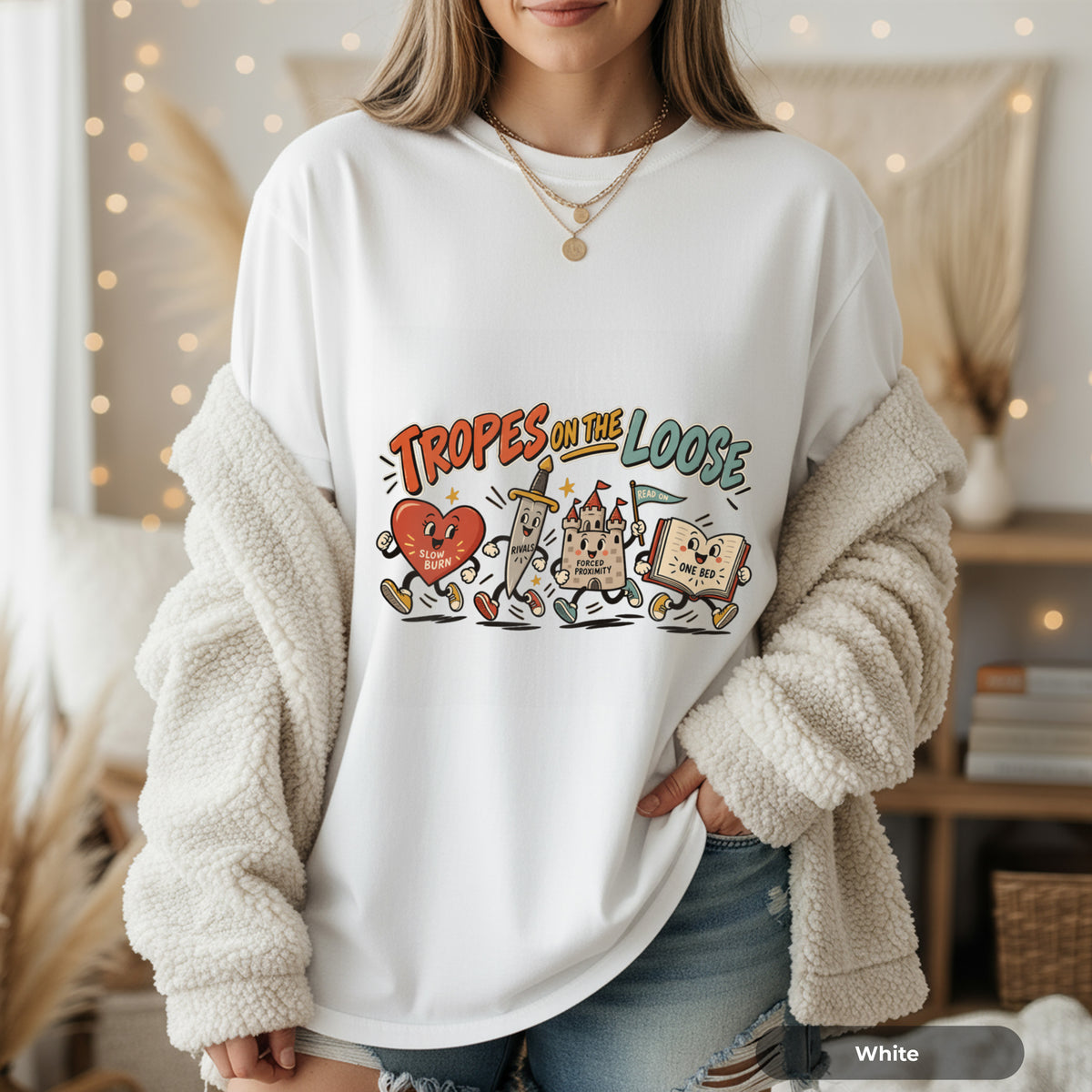 Tropes on the Loose T-Shirt — Cute Retro Cartoon Book, Heart & Castle Graphic Tee