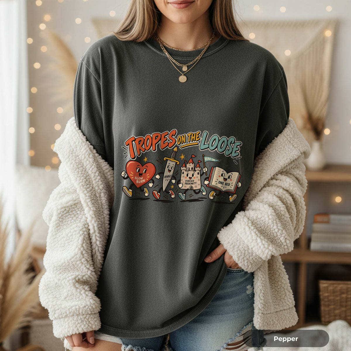 Tropes on the Loose T-Shirt — Cute Retro Cartoon Book, Heart & Castle Graphic Tee