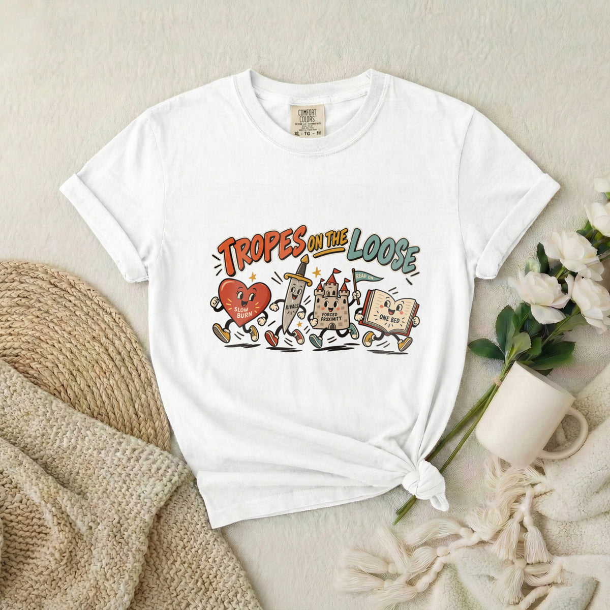 Tropes on the Loose T-Shirt — Cute Retro Cartoon Book, Heart & Castle Graphic Tee