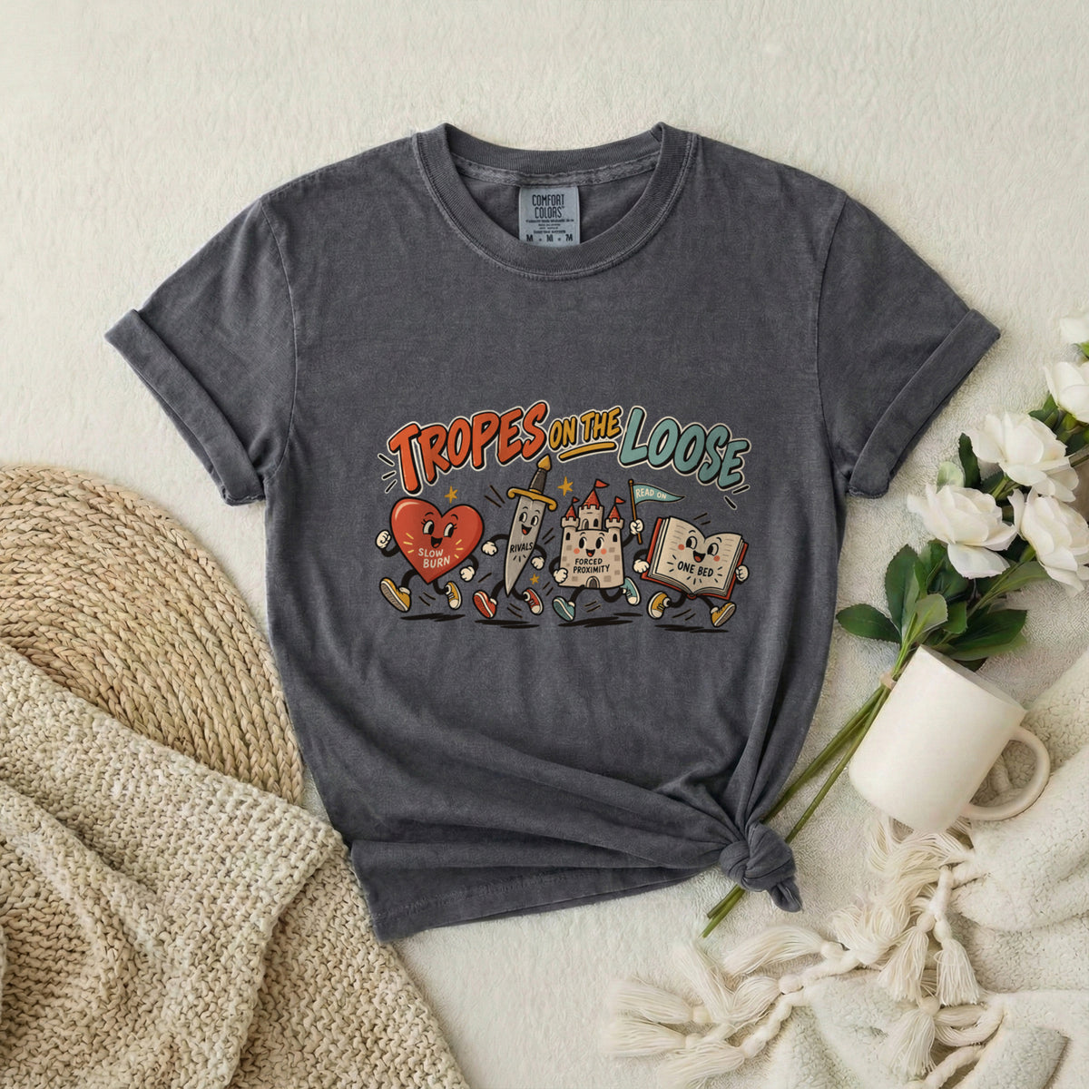 Tropes on the Loose T-Shirt — Cute Retro Cartoon Book, Heart & Castle Graphic Tee