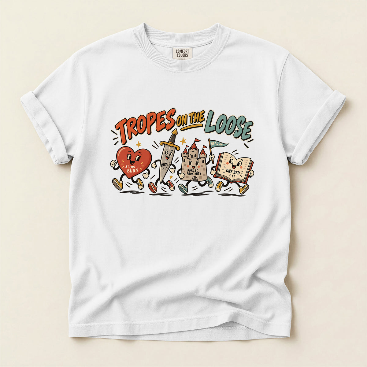 Tropes on the Loose T-Shirt — Cute Retro Cartoon Book, Heart & Castle Graphic Tee