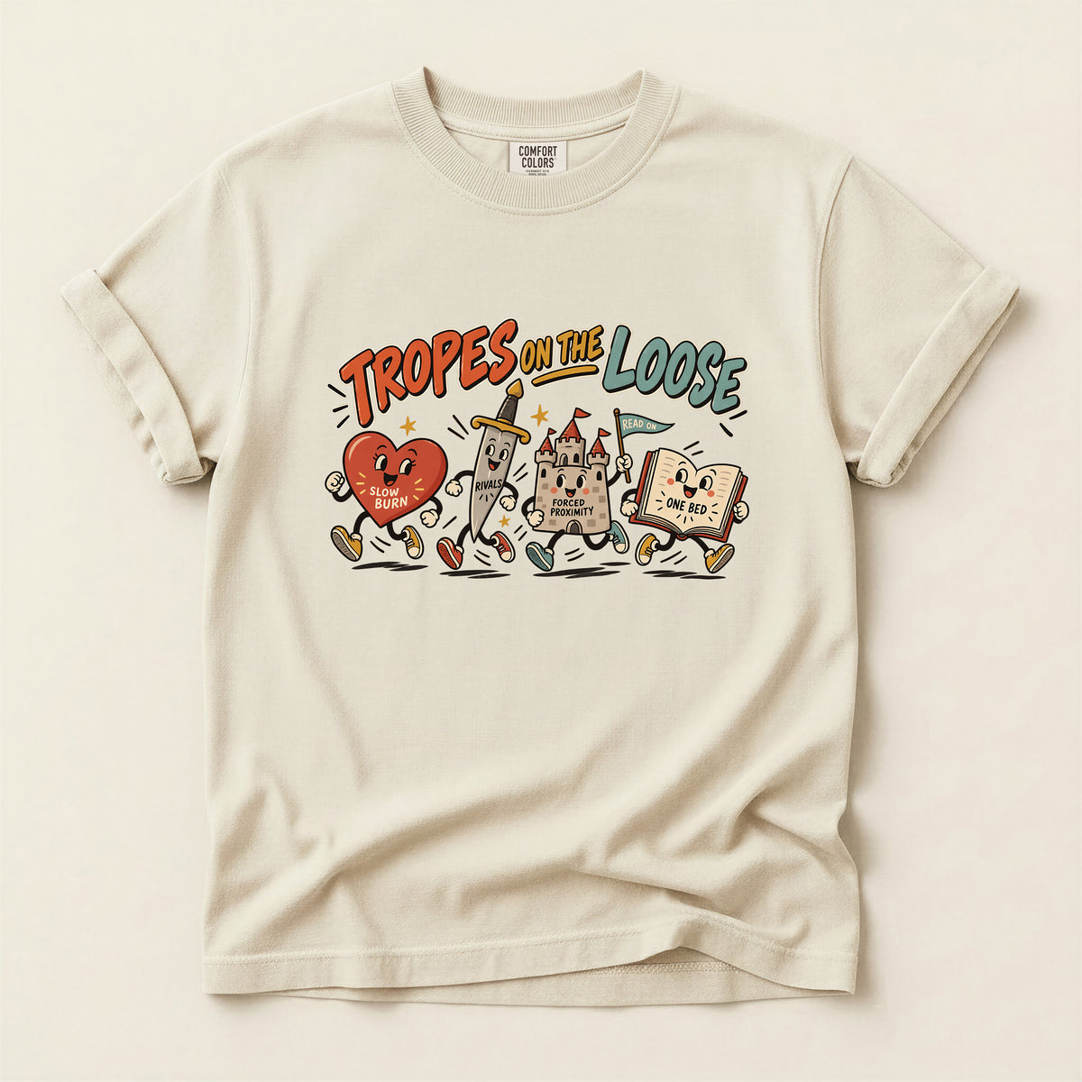 Tropes on the Loose T-Shirt — Cute Retro Cartoon Book, Heart & Castle Graphic Tee