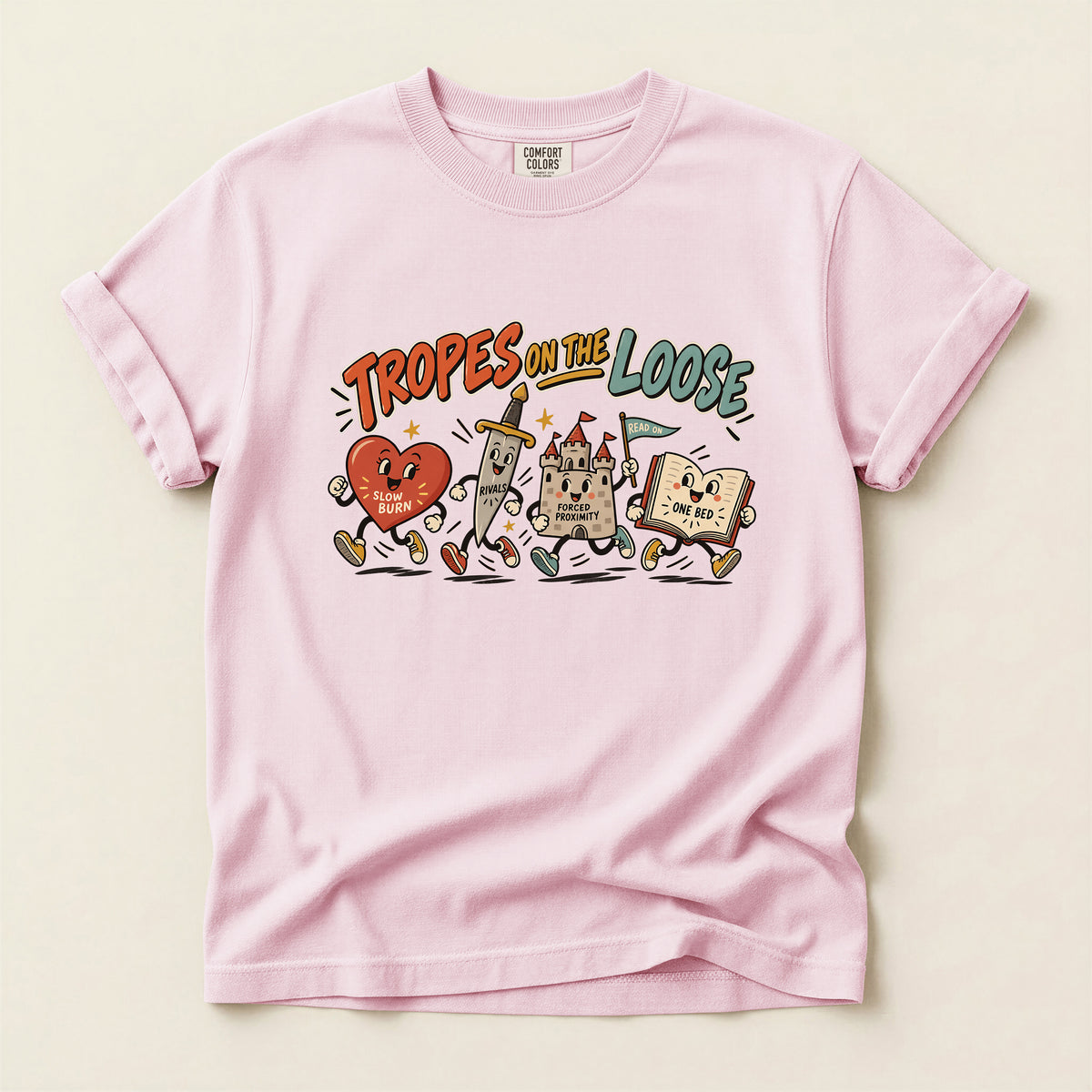 Tropes on the Loose T-Shirt — Cute Retro Cartoon Book, Heart & Castle Graphic Tee