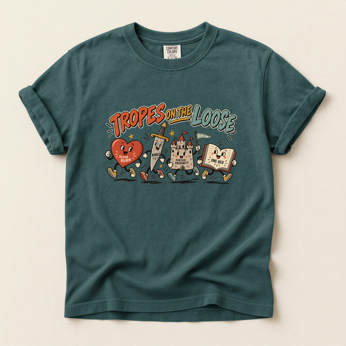 Tropes on the Loose T-Shirt — Cute Retro Cartoon Book, Heart & Castle Graphic Tee