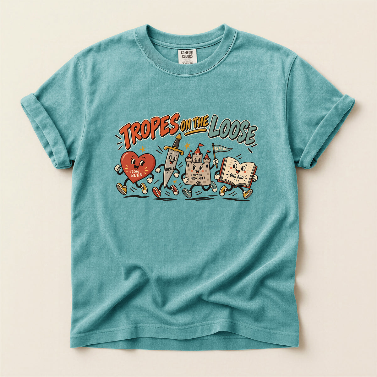 Tropes on the Loose T-Shirt — Cute Retro Cartoon Book, Heart & Castle Graphic Tee