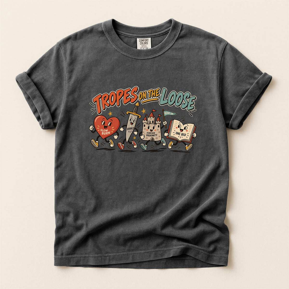 Tropes on the Loose T-Shirt — Cute Retro Cartoon Book, Heart & Castle Graphic Tee