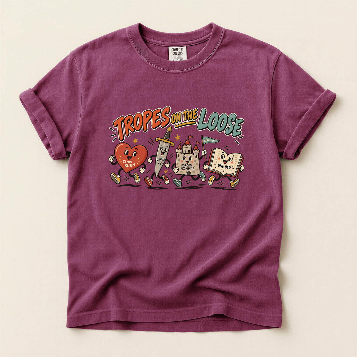 Tropes on the Loose T-Shirt — Cute Retro Cartoon Book, Heart & Castle Graphic Tee