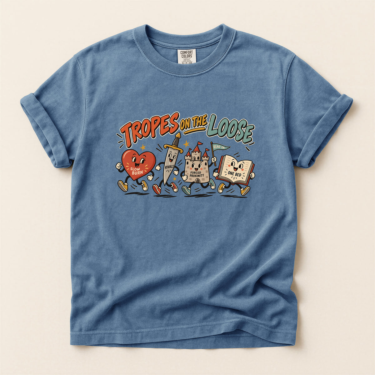 Tropes on the Loose T-Shirt — Cute Retro Cartoon Book, Heart & Castle Graphic Tee