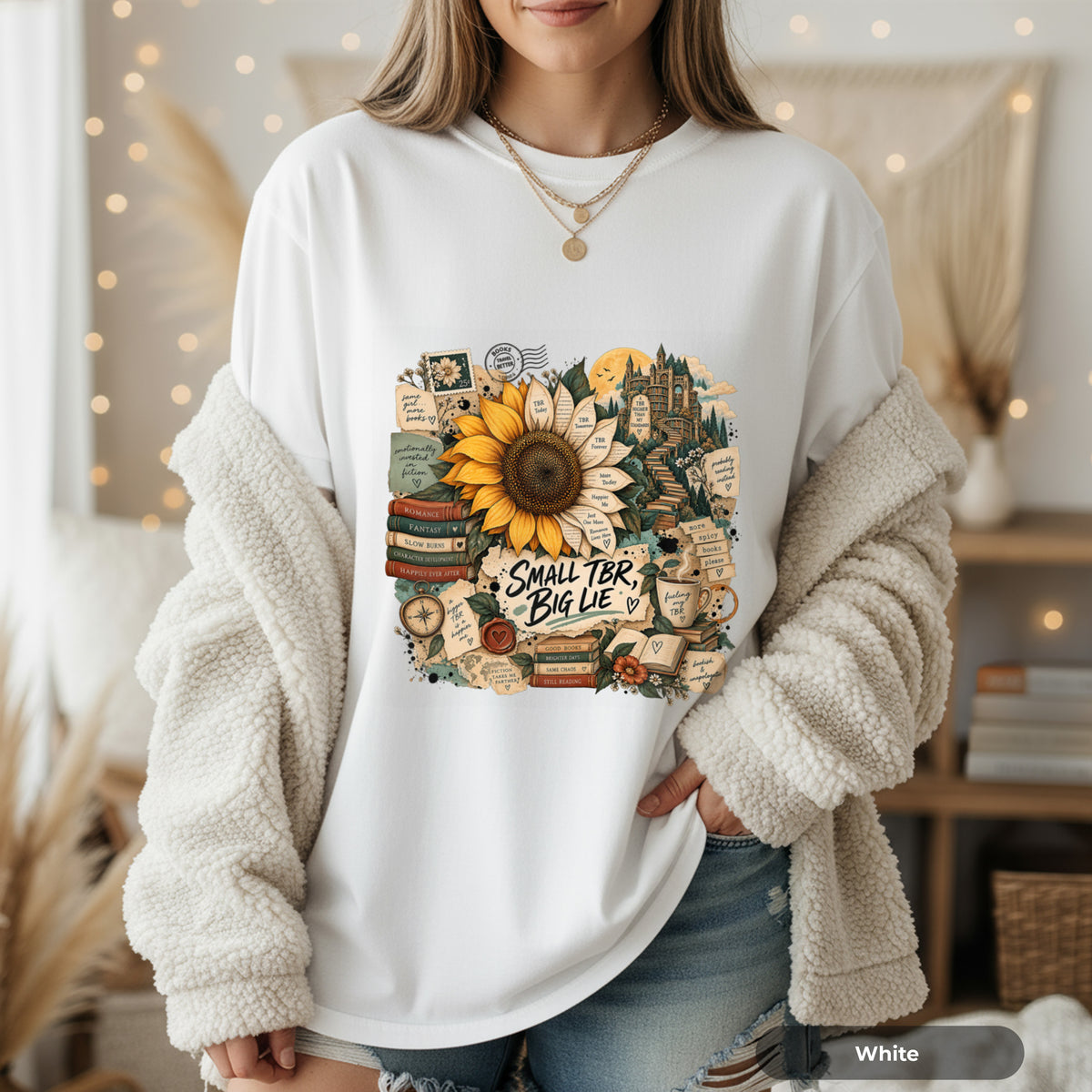 T-Shirt — 'Small TBR, Big Lie' Sunflower Booklover Graphic Tee