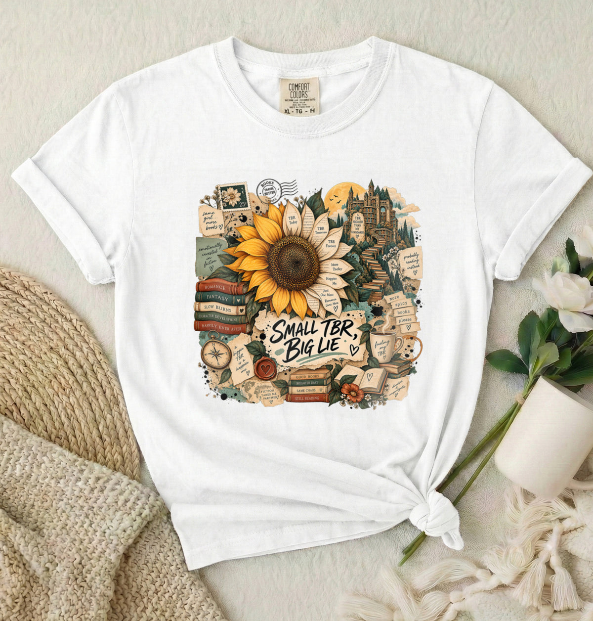T-Shirt — 'Small TBR, Big Lie' Sunflower Booklover Graphic Tee